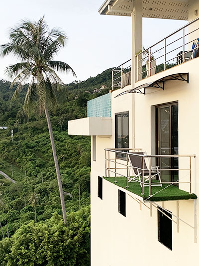 Villa Siam, Dream studio, the outside of the balcony with awning and view from our garden